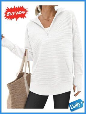 Quarter Zip Ribbed Knit Pullover Sweater with Thumb Holes